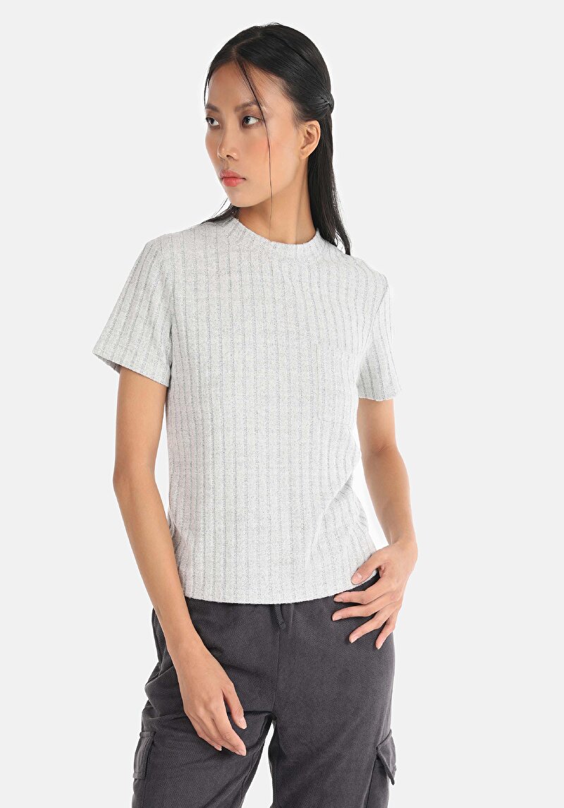 Regular Fit Yuvarlak Yaka  Kadın Gri Kısa Kol Tişört