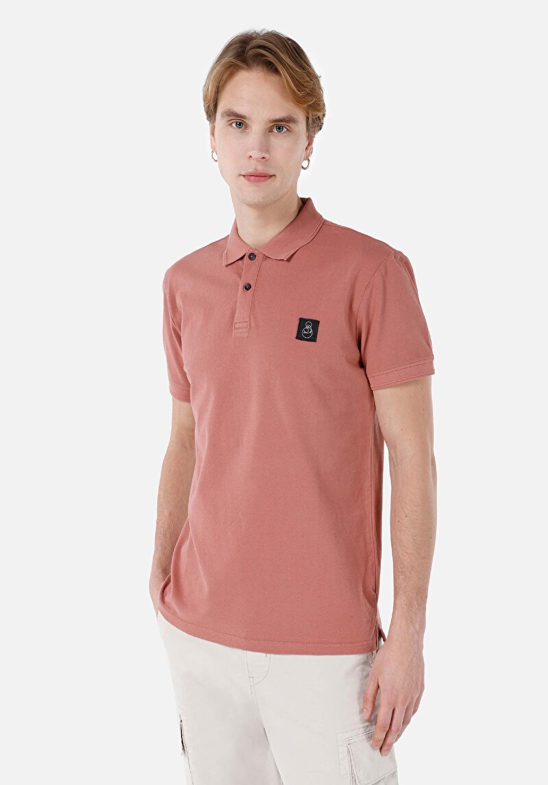 Regular Fit Polo Yaka Düz Erkek Pembe Kısa Kol Tişört