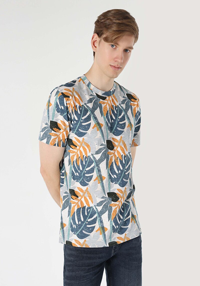 Regular Fit Yuvarlak Yaka Baskılı Erkek Çok Renkli Kısa Kol Tişört