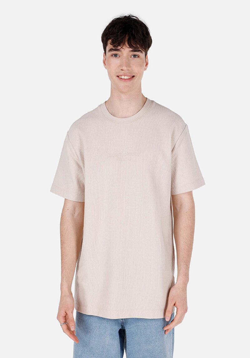 Comfort Fit Yuvarlak Yaka Düz Erkek Bej Pamuk Kısa Kol Tişört