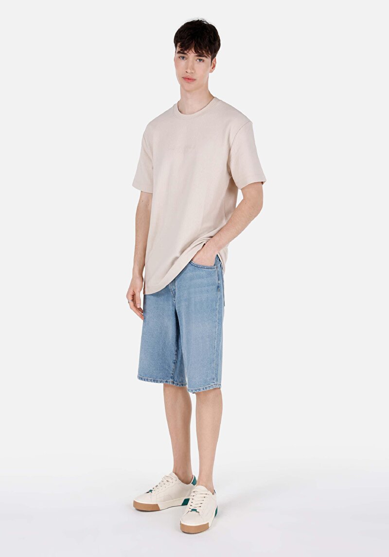 Comfort Fit Yuvarlak Yaka Düz Erkek Bej Pamuk Kısa Kol Tişört