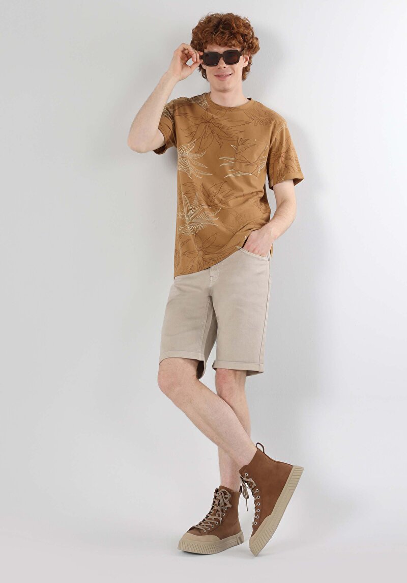 Regular Fit Yuvarlak Yaka Baskılı Erkek Kahverengi Kısa Kol Tişört