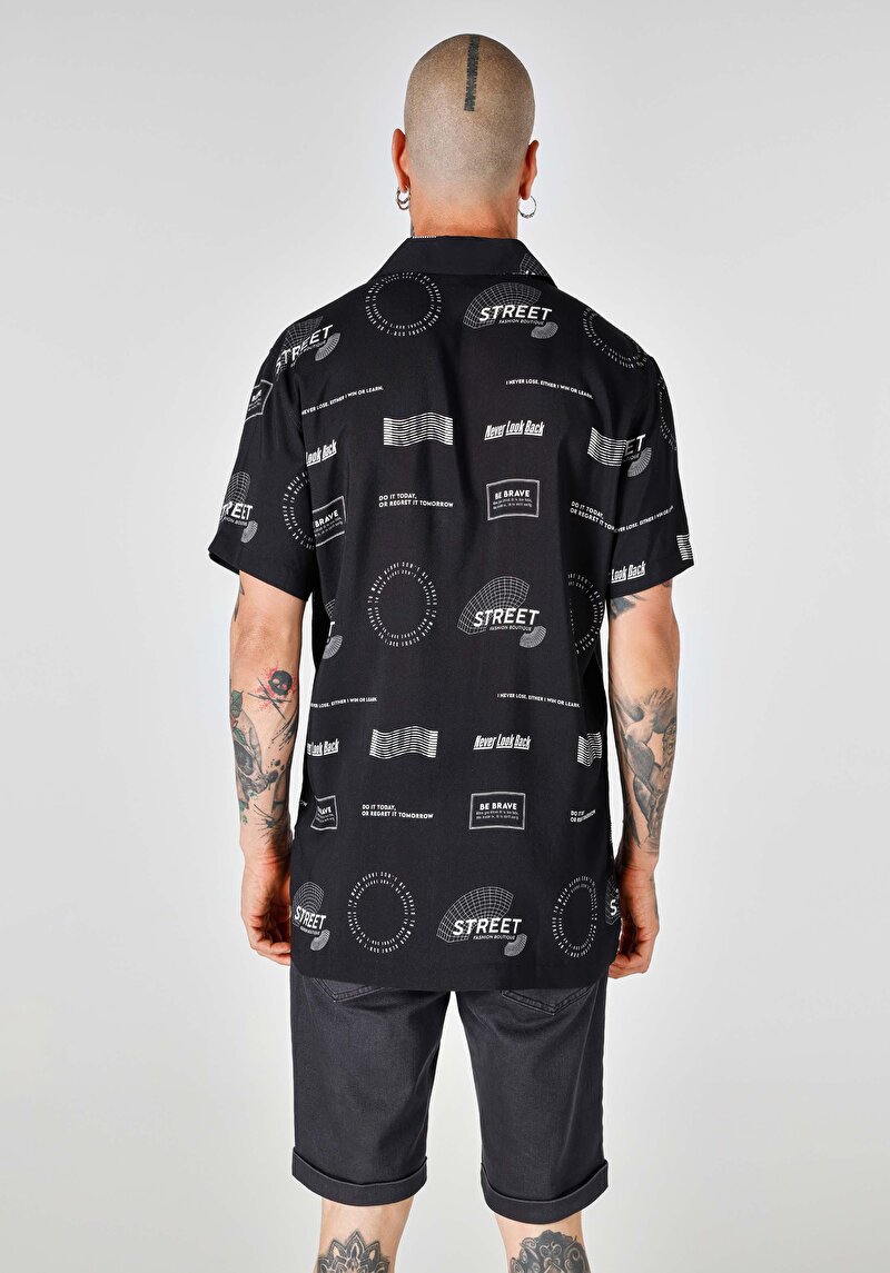 Regular Fit Shirt Neck Baskılı Cepsiz Erkek Siyah Kısa Kol Gömlek