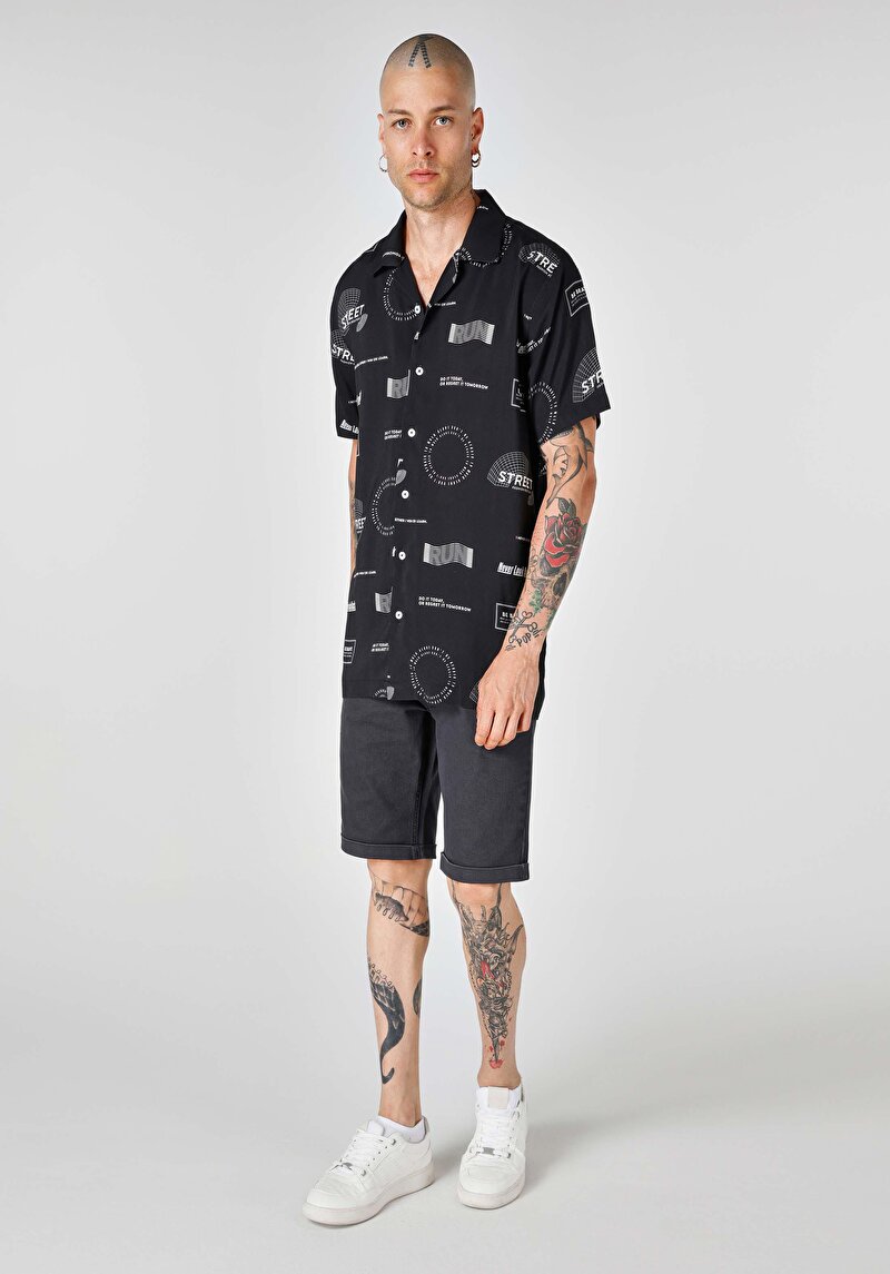 Regular Fit Shirt Neck Baskılı Cepsiz Erkek Siyah Kısa Kol Gömlek