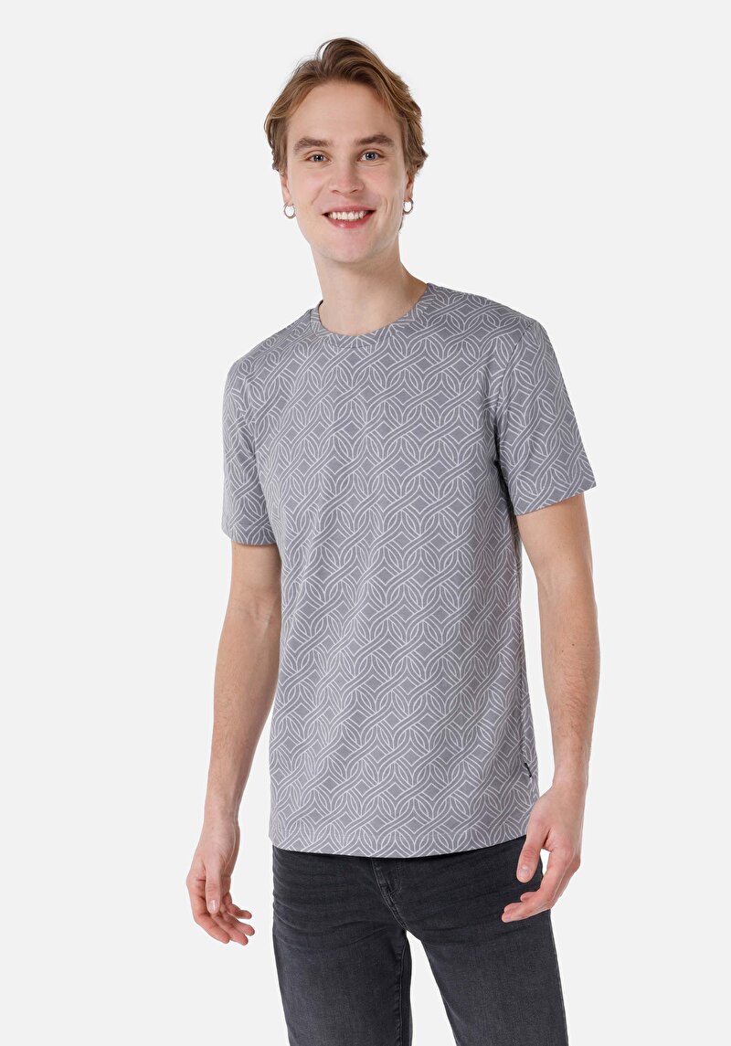 Regular Fit Yuvarlak Yaka Baskılı Erkek Gri Kısa Kol Tişört