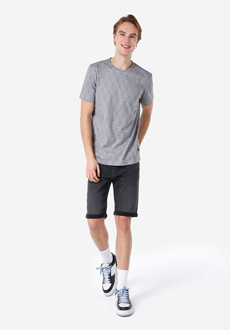 Regular Fit Yuvarlak Yaka Baskılı Erkek Gri Kısa Kol Tişört