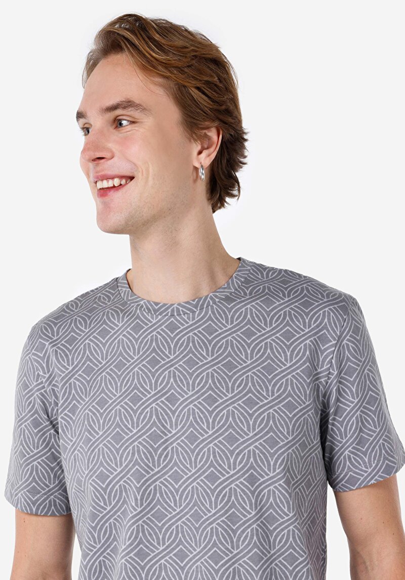 Regular Fit Yuvarlak Yaka Baskılı Erkek Gri Kısa Kol Tişört