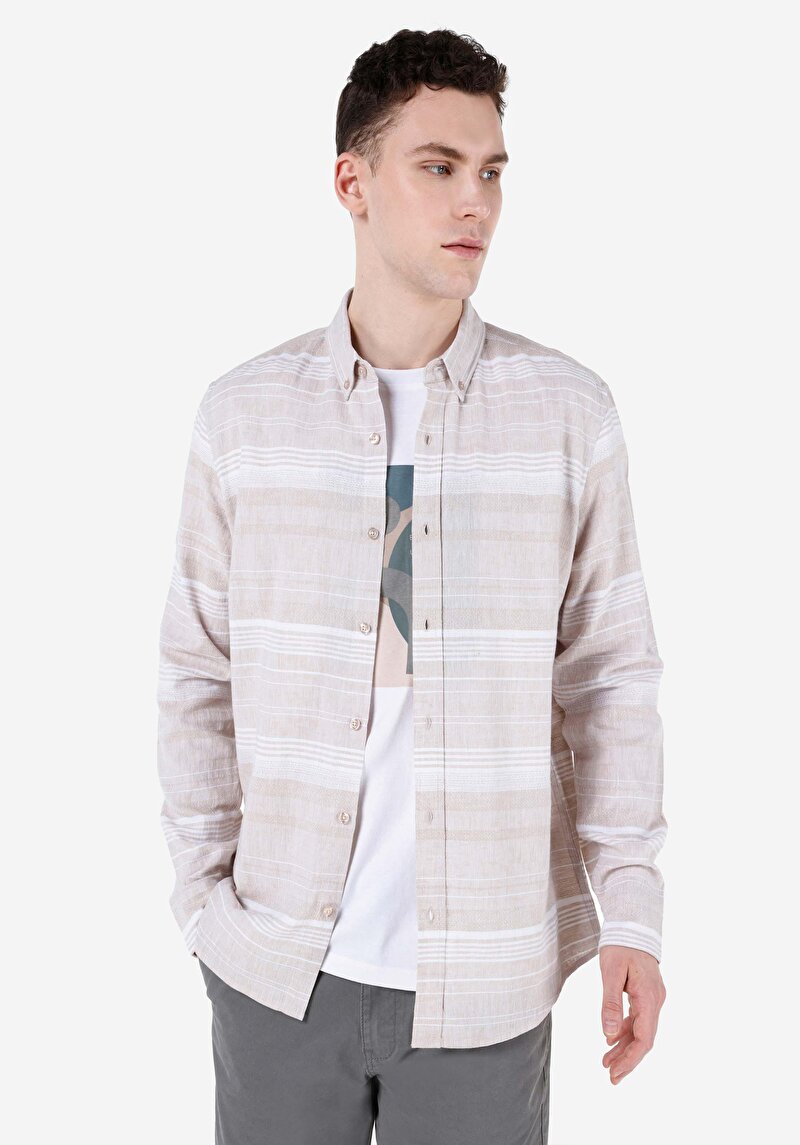 Regular Fit Shirt Neck Çizgili Erkek Bej Uzun Kol Gömlek