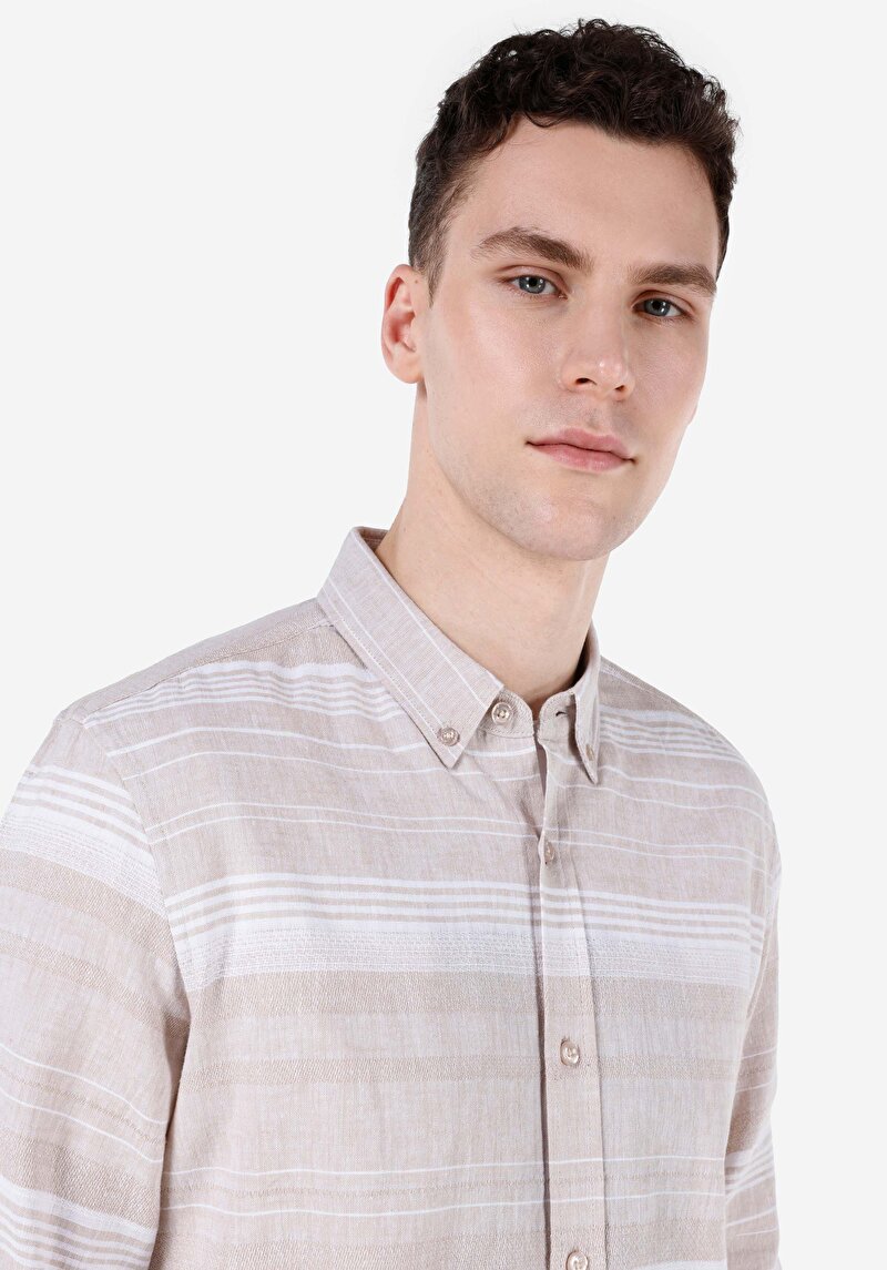 Regular Fit Shirt Neck Çizgili Erkek Bej Uzun Kol Gömlek