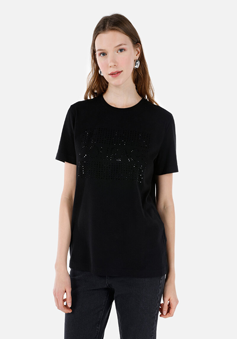 Regular Fit Yuvarlak Yaka Kadın Siyah Kısa Kol Tişört