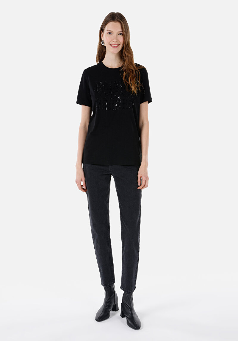 Regular Fit Yuvarlak Yaka Kadın Siyah Kısa Kol Tişört