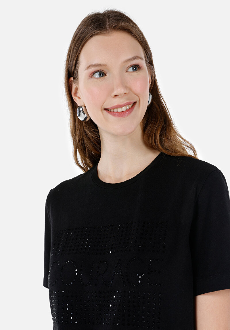 Regular Fit Yuvarlak Yaka Kadın Siyah Kısa Kol Tişört