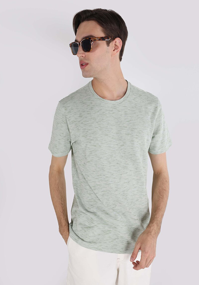 Regular Fit Yuvarlak Yaka Jakarlı Erkek Yeşil Kısa Kol Tişört