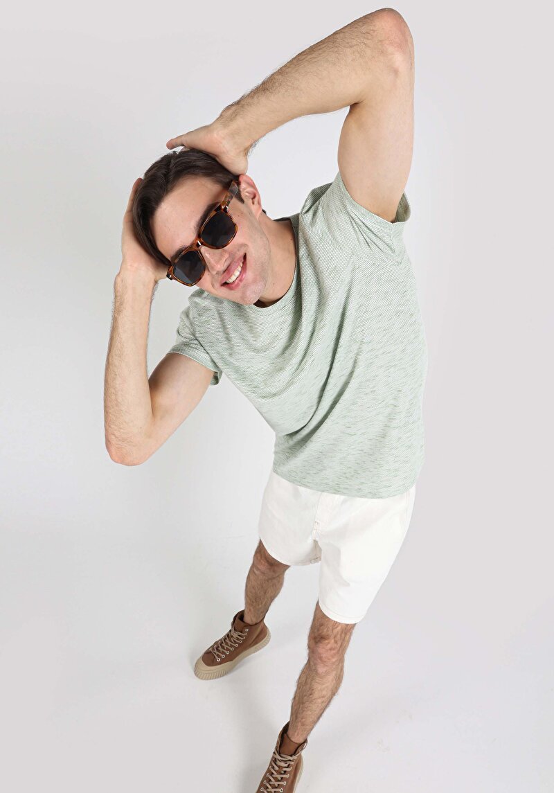 Regular Fit Yuvarlak Yaka Jakarlı Erkek Yeşil Kısa Kol Tişört