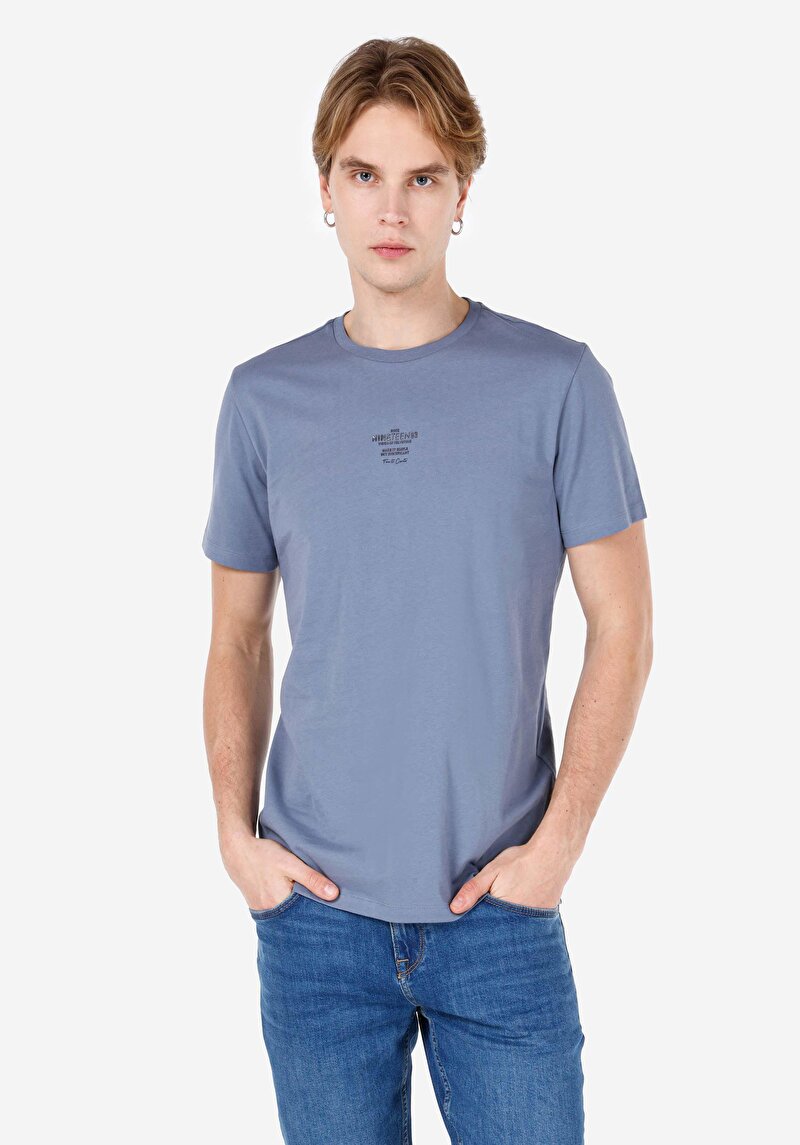 Regular Fit Yuvarlak Yaka Düz Erkek Mavi Kısa Kol Tişört
