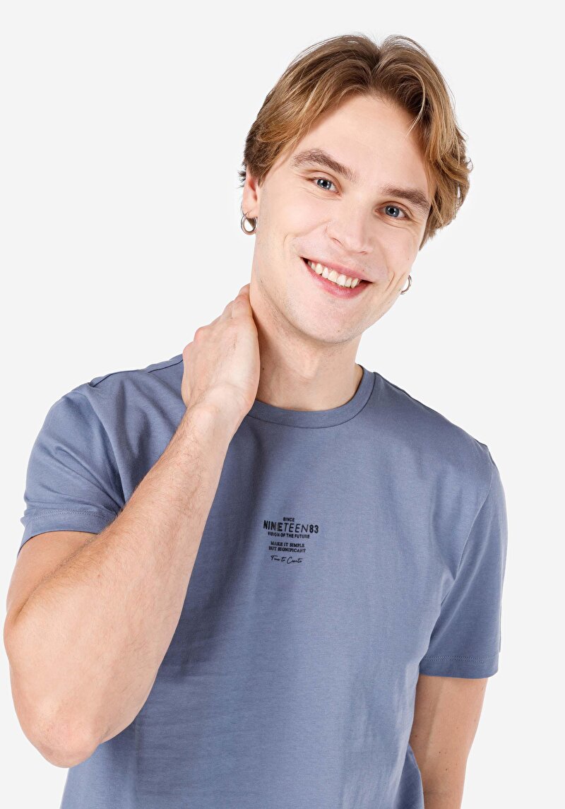 Regular Fit Yuvarlak Yaka Düz Erkek Mavi Kısa Kol Tişört