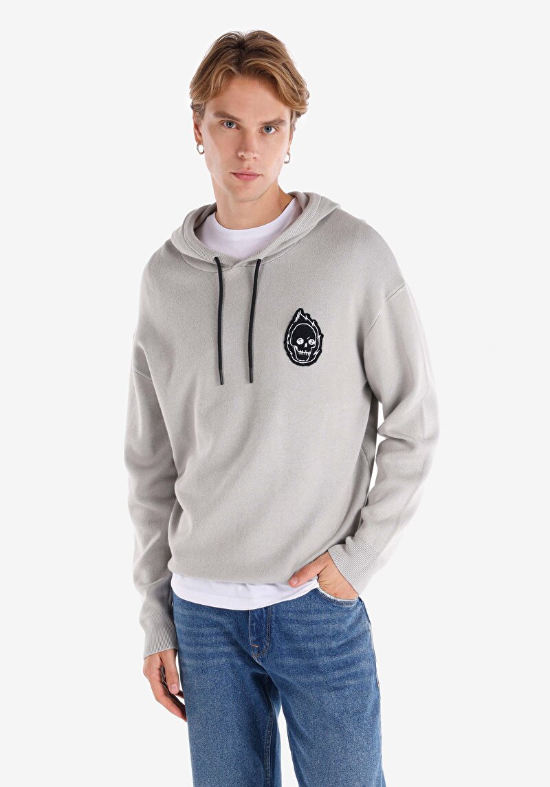 Comfort Fit Kapüşonlu Jakarlı Erkek Gri Kazak