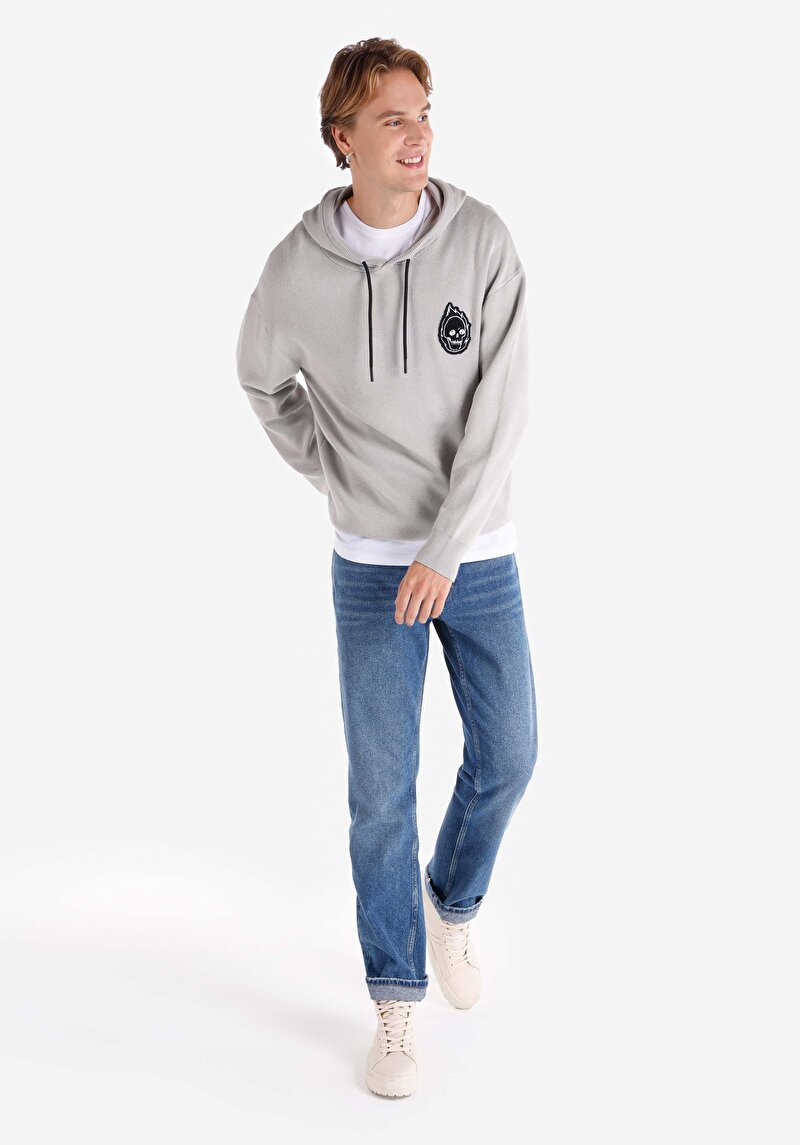 Comfort Fit Kapüşonlu Jakarlı Erkek Gri Kazak