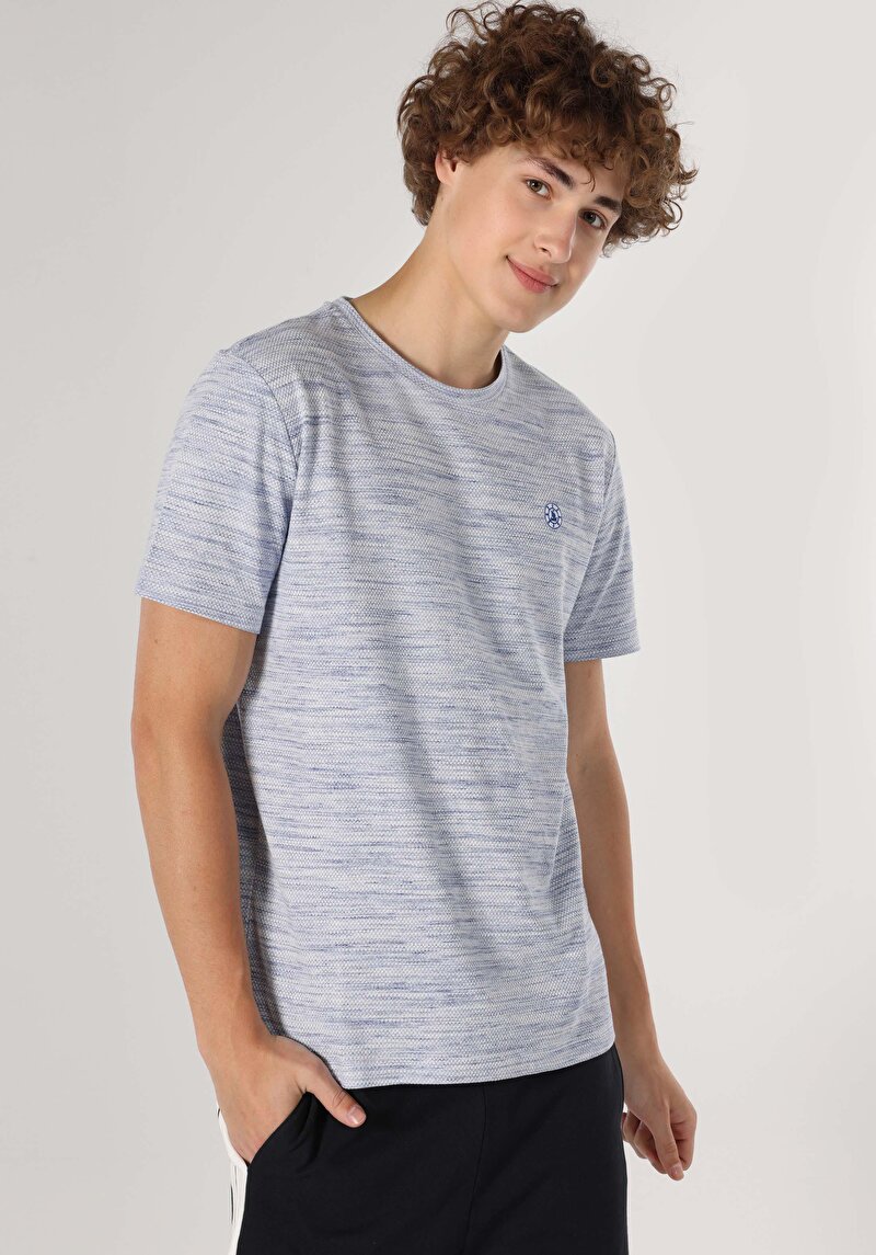 Regular Fit Yuvarlak Yaka Örme Jakarlı Erkek Mavi Kısa Kol Tişört