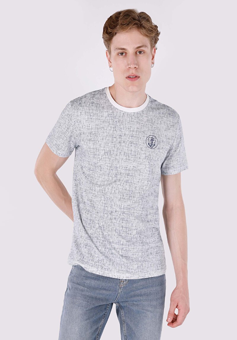 Regular Fit Yuvarlak Yaka Baskılı Erkek Beyaz Kısa Kol Tişört