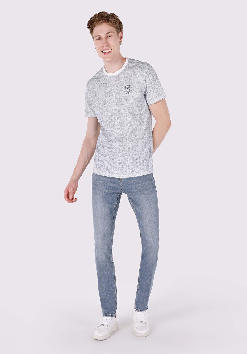 Regular Fit Yuvarlak Yaka Baskılı Erkek Beyaz Kısa Kol Tişört