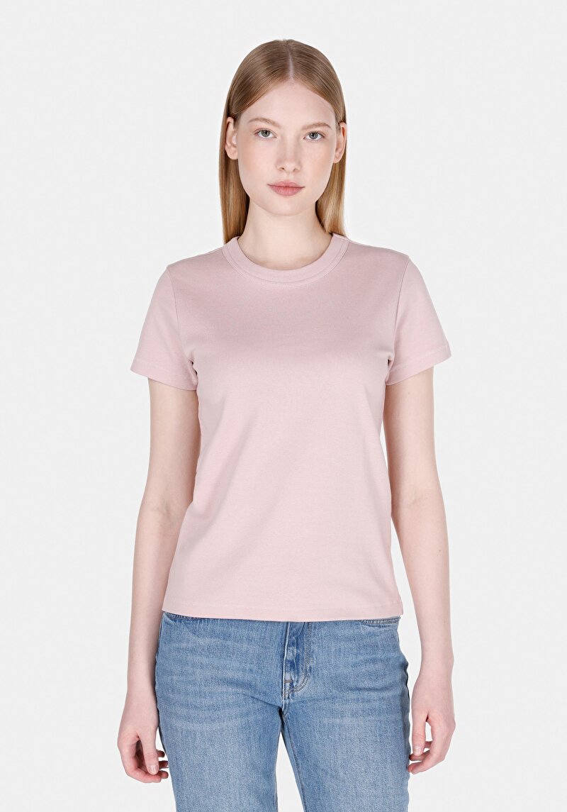 Slim Fit Yuvarlak Yaka Düz Kadın Pembe Kısa Kol Tişört