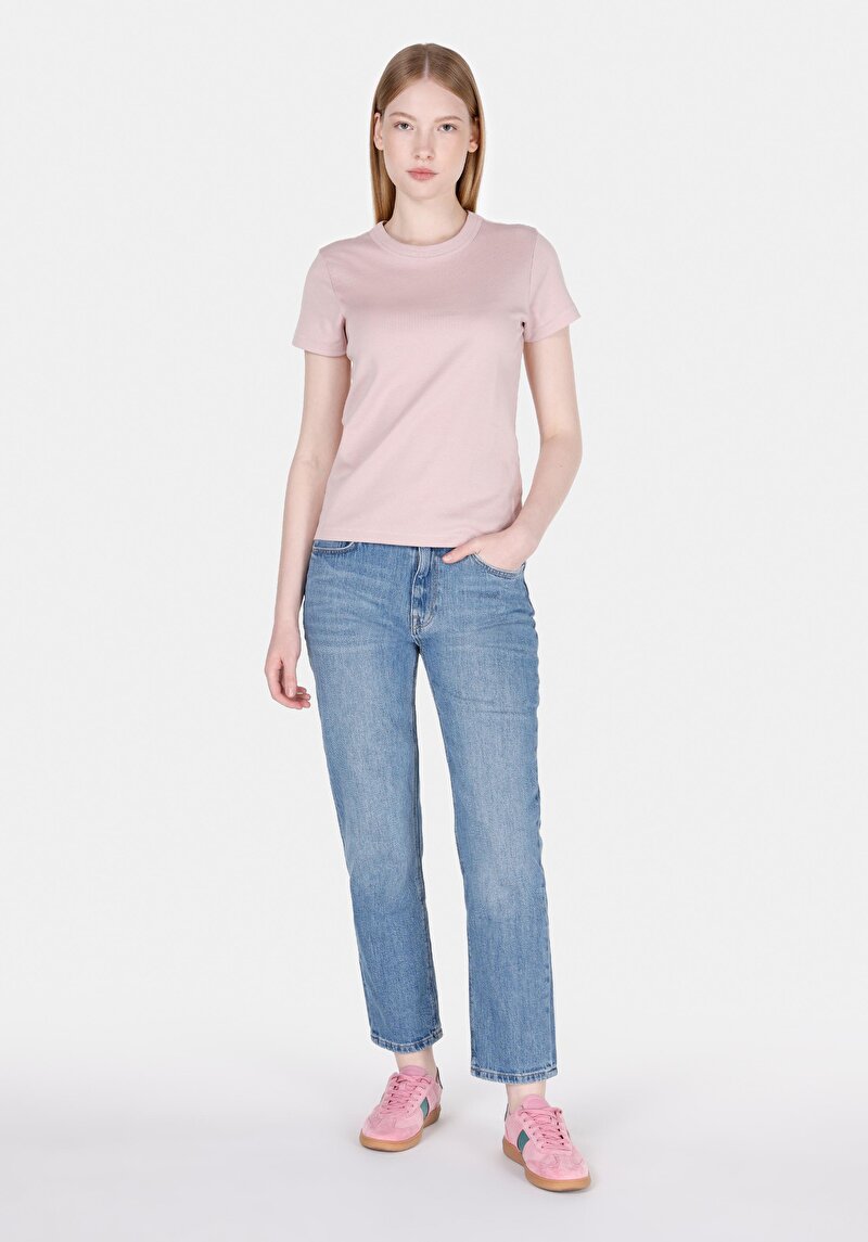 Slim Fit Yuvarlak Yaka Düz Kadın Pembe Kısa Kol Tişört