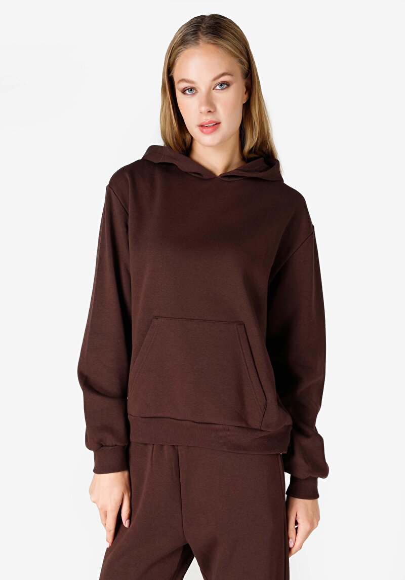 Regular Fit Kapüşonlu Düz Kadın Kahverengi Sweatshirt