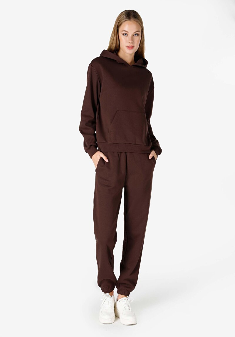 Regular Fit Örme Kapüşonlu Düz Kadın Kahverengi Sweatshirt