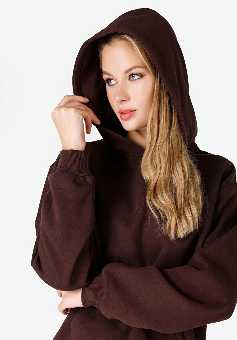 Regular Fit Kapüşonlu Düz Kadın Kahverengi Sweatshirt