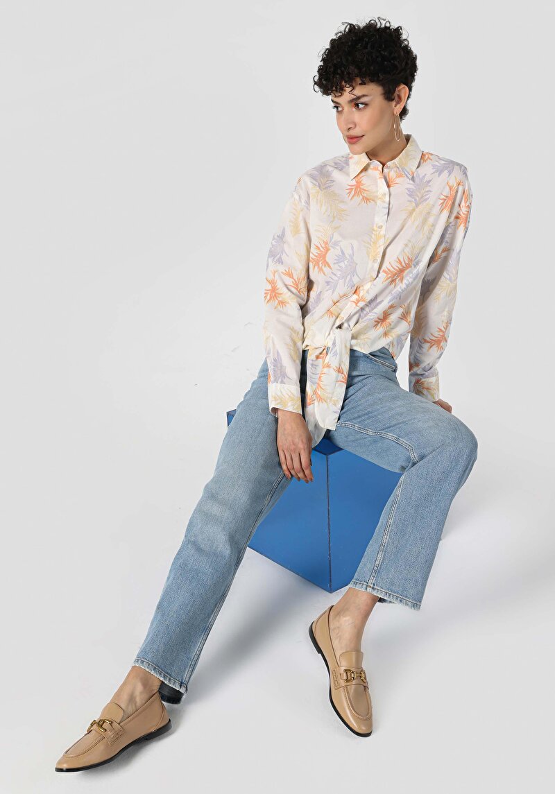 Regular Fit Shirt Neck Baskılı Kadın Çok Renkli Uzun Kol Gömlek