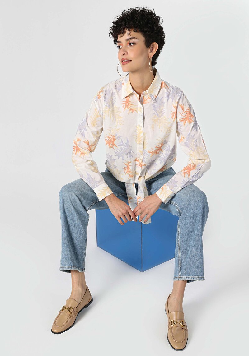 Regular Fit Shirt Neck Baskılı Kadın Çok Renkli Uzun Kol Gömlek
