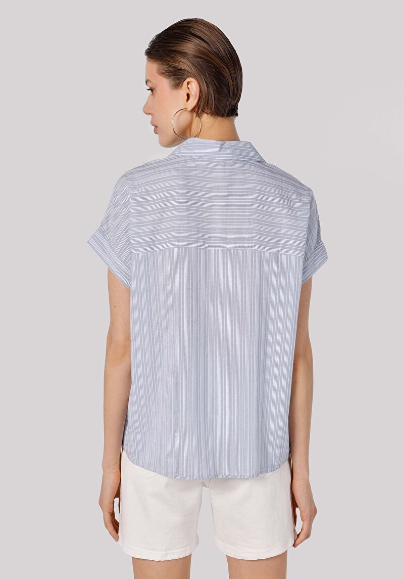 Regular Fit Shirt Neck Çizgili Kadın Mavi Kısa Kol Gömlek
