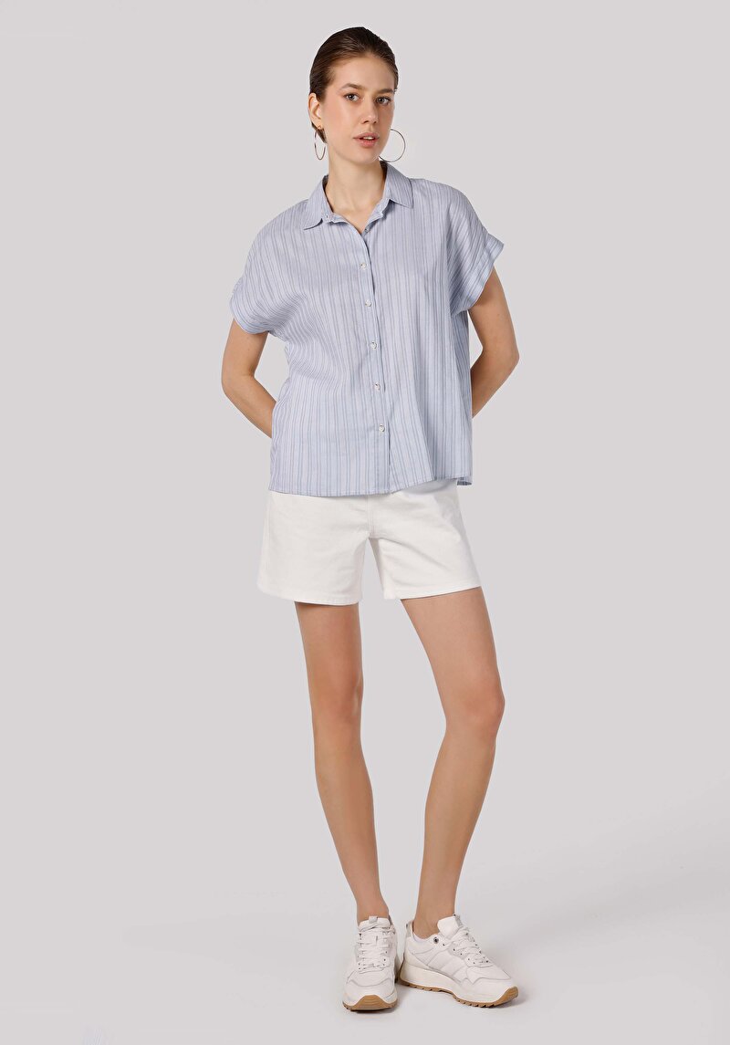 Regular Fit Shirt Neck Çizgili Kadın Mavi Kısa Kol Gömlek