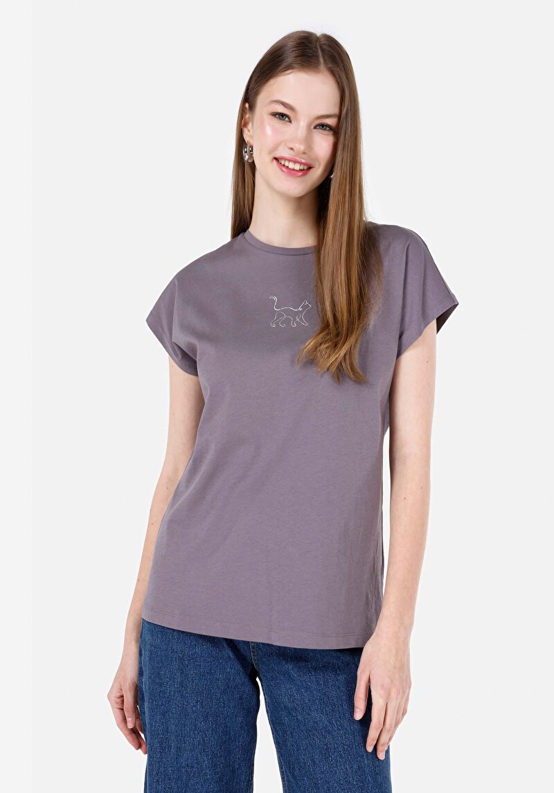 Regular Fit Yuvarlak Yaka Baskılı Kadın Antrasit Kısa Kol Tişört