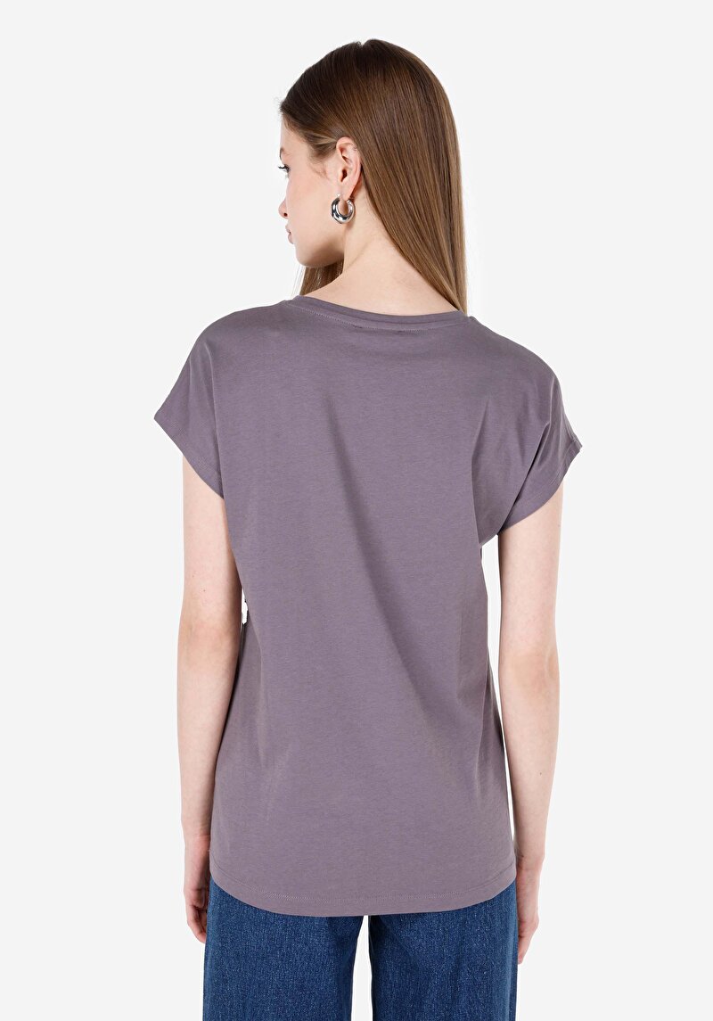 Regular Fit Yuvarlak Yaka Baskılı Kadın Antrasit Kısa Kol Tişört