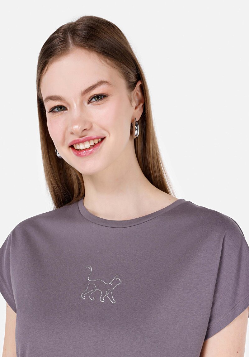 Regular Fit Yuvarlak Yaka Baskılı Kadın Antrasit Kısa Kol Tişört