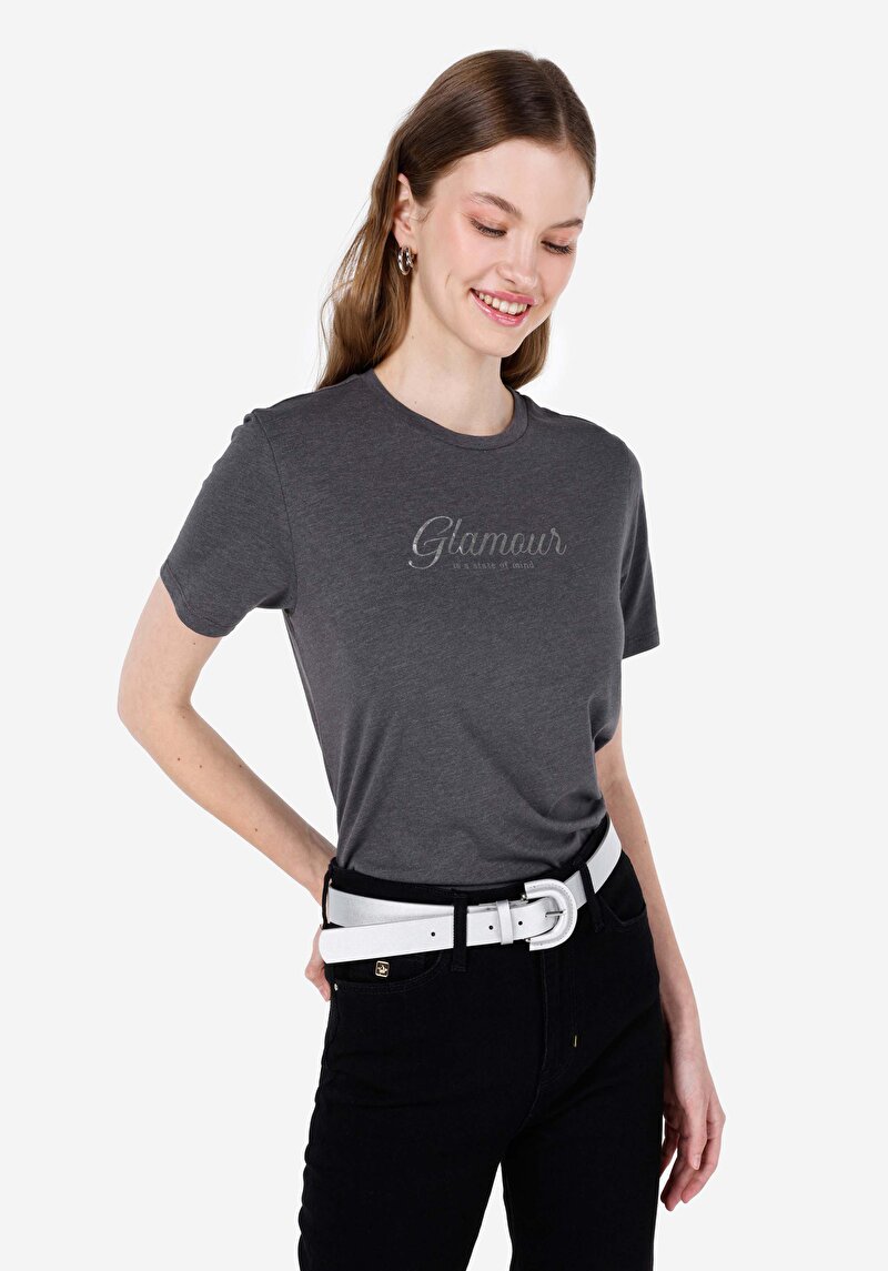 Regular Fit Cepsiz Yuvarlak Yaka Baskılı Kadın Antrasit Kısa Kol Tişört