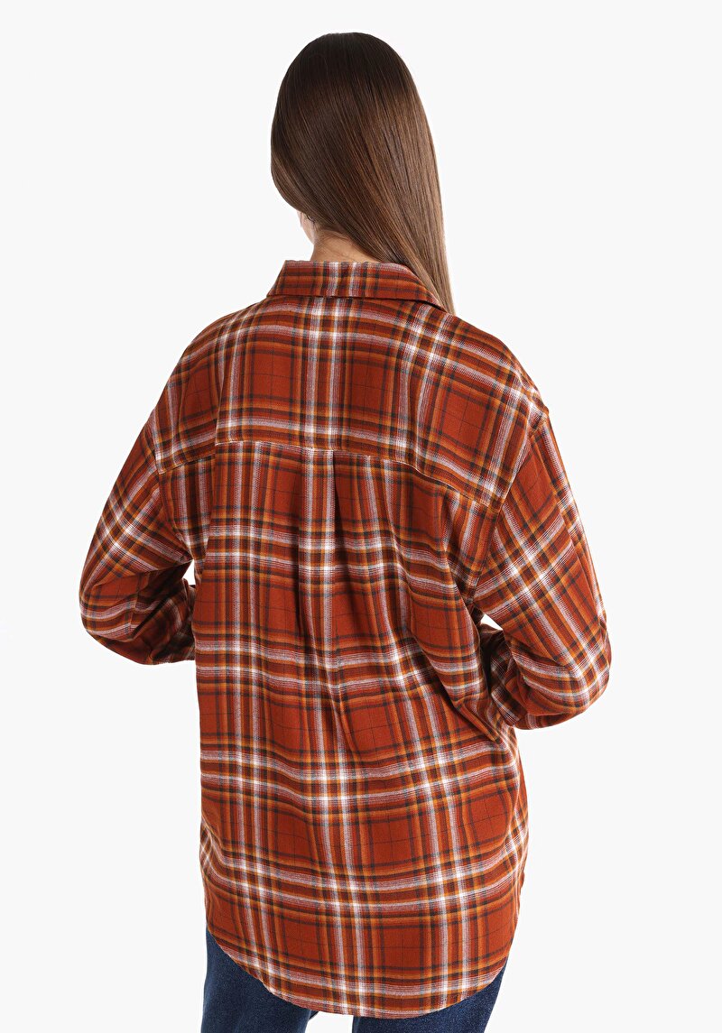 Regular Fit Cepli Shirt Neck Ekoseli Kadın Kahverengi Uzun Kol Gömlek