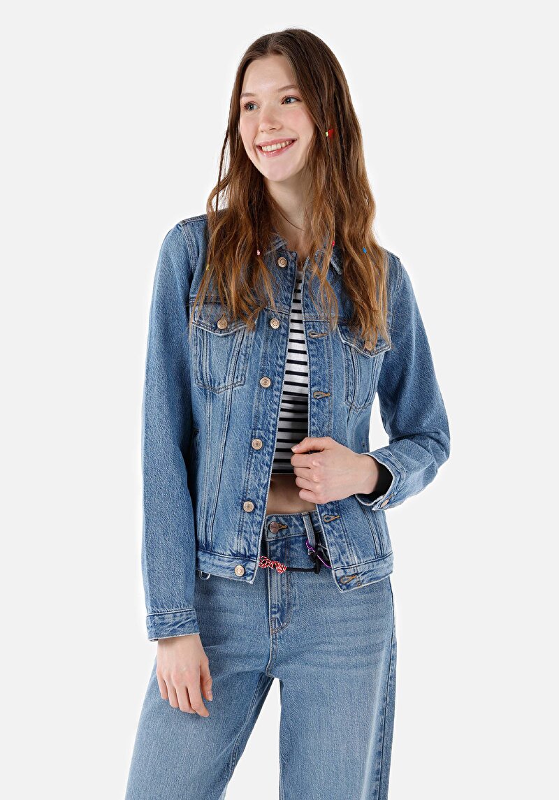 Slim Fit Düğmeli Astarsız Kadın Mavi Ceket