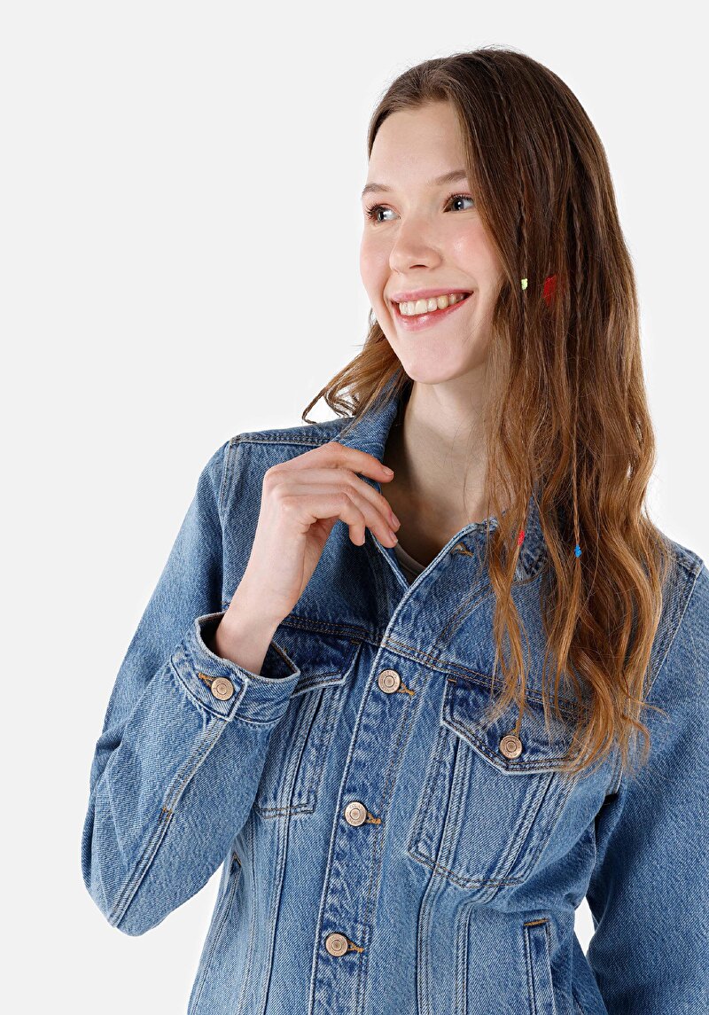 Slim Fit Düğmeli Astarsız Kadın Mavi Ceket