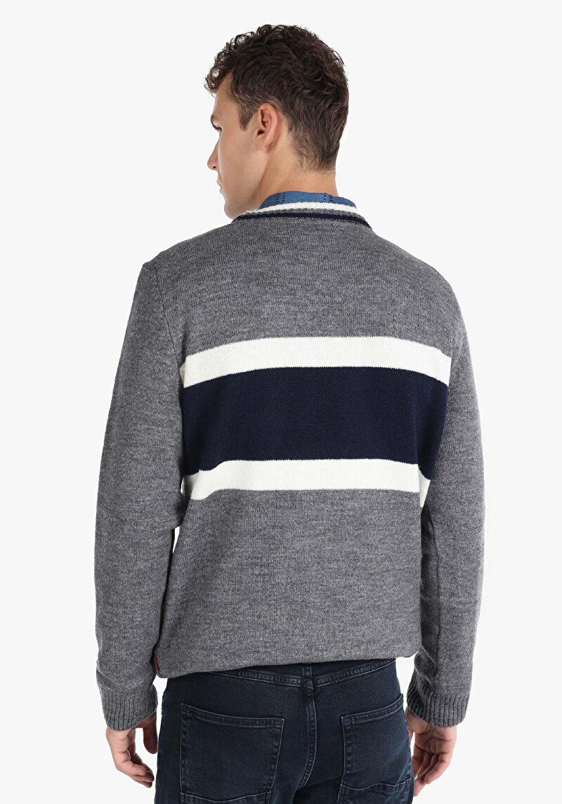 Regular Fit Yuvarlak Yaka Jakarlı Erkek Gri Kazak