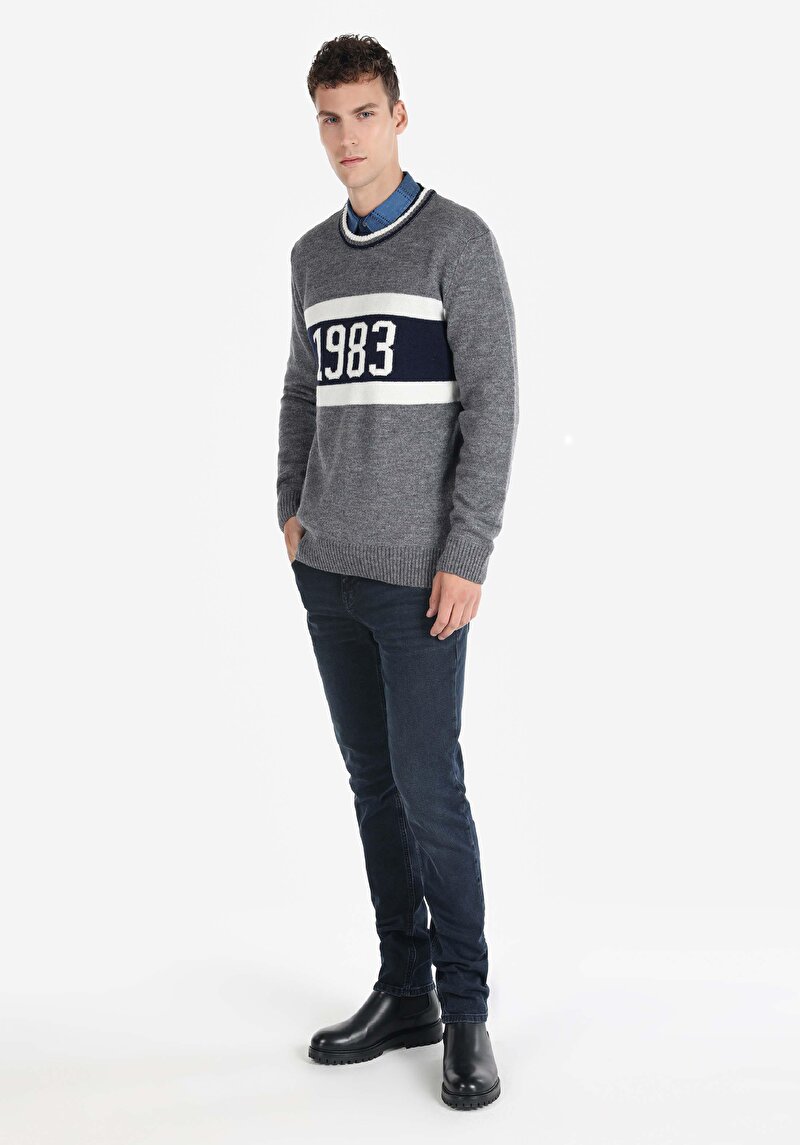 Regular Fit Yuvarlak Yaka Jakarlı Erkek Gri Kazak