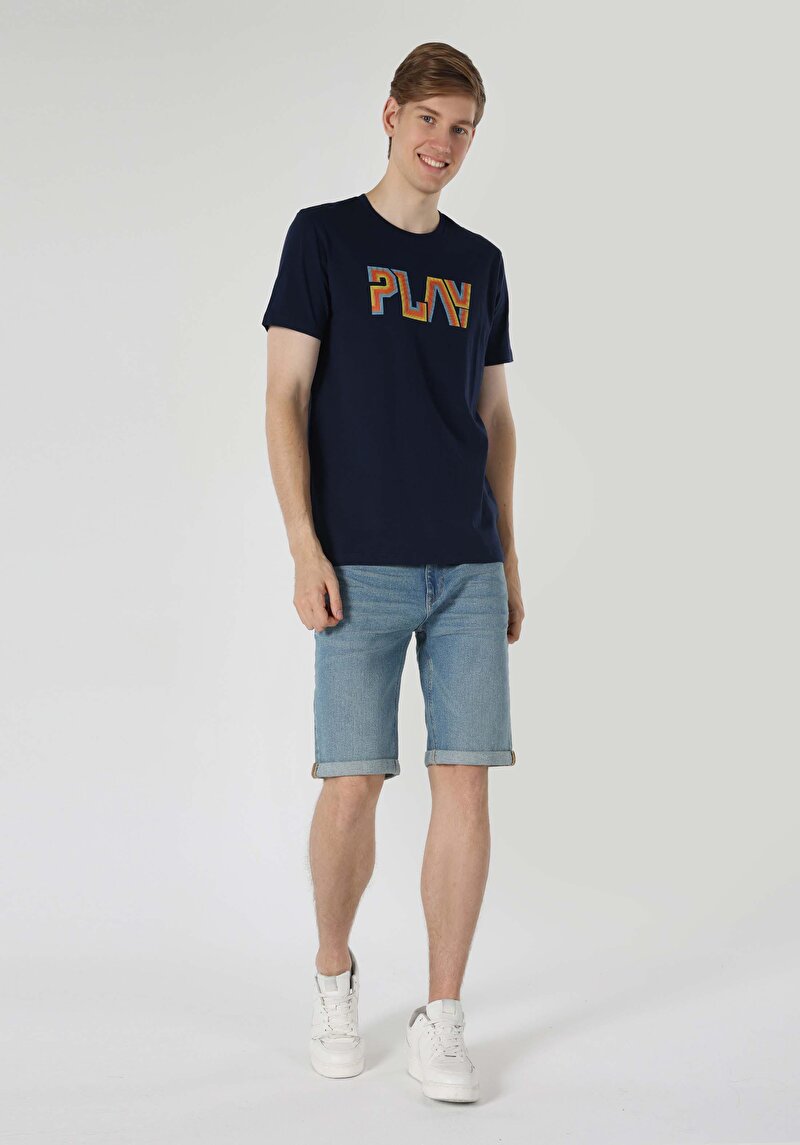 Regular Fit Yuvarlak Yaka Düz Erkek Lacivert Kısa Kol Tişört