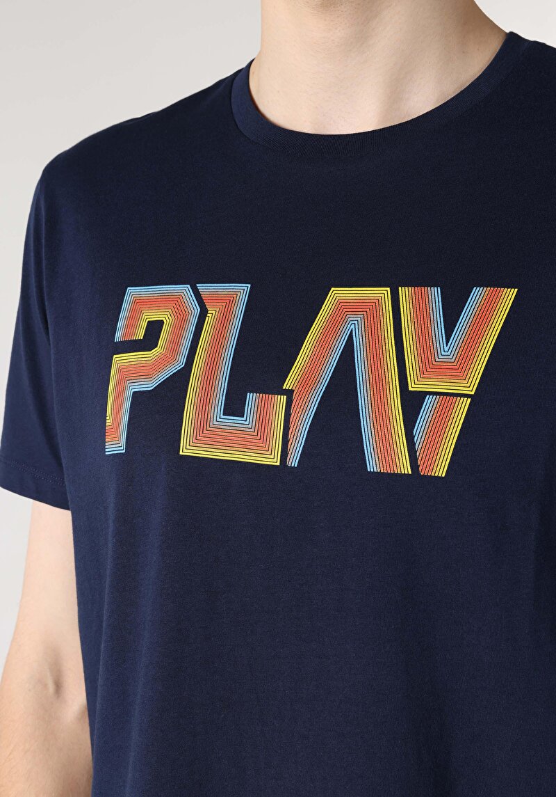 Regular Fit Yuvarlak Yaka Düz Erkek Lacivert Kısa Kol Tişört