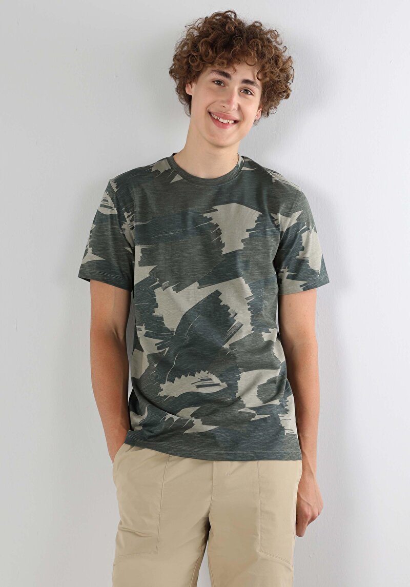 Regular Fit Yuvarlak Yaka Baskılı Erkek Yeşil Kısa Kol Tişört