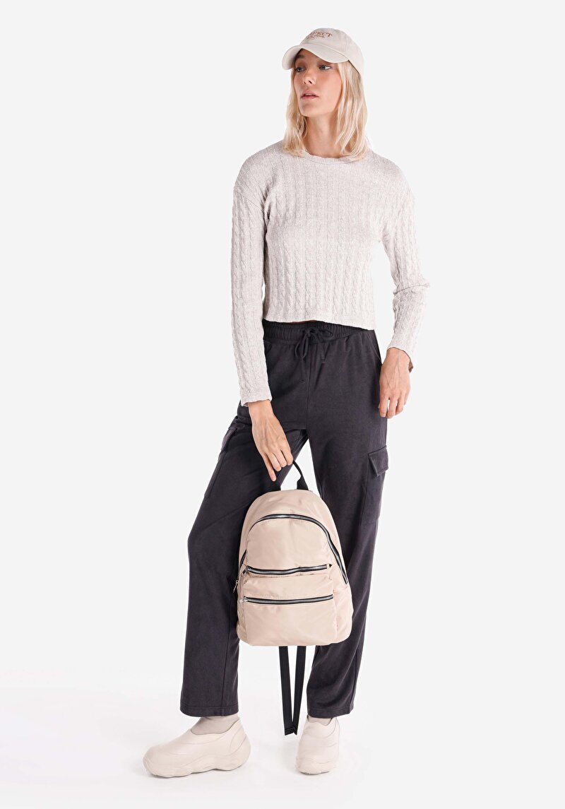 Regular Fit Yuvarlak Yaka Jakarlı Kadın Bej Uzun Kol Tişört