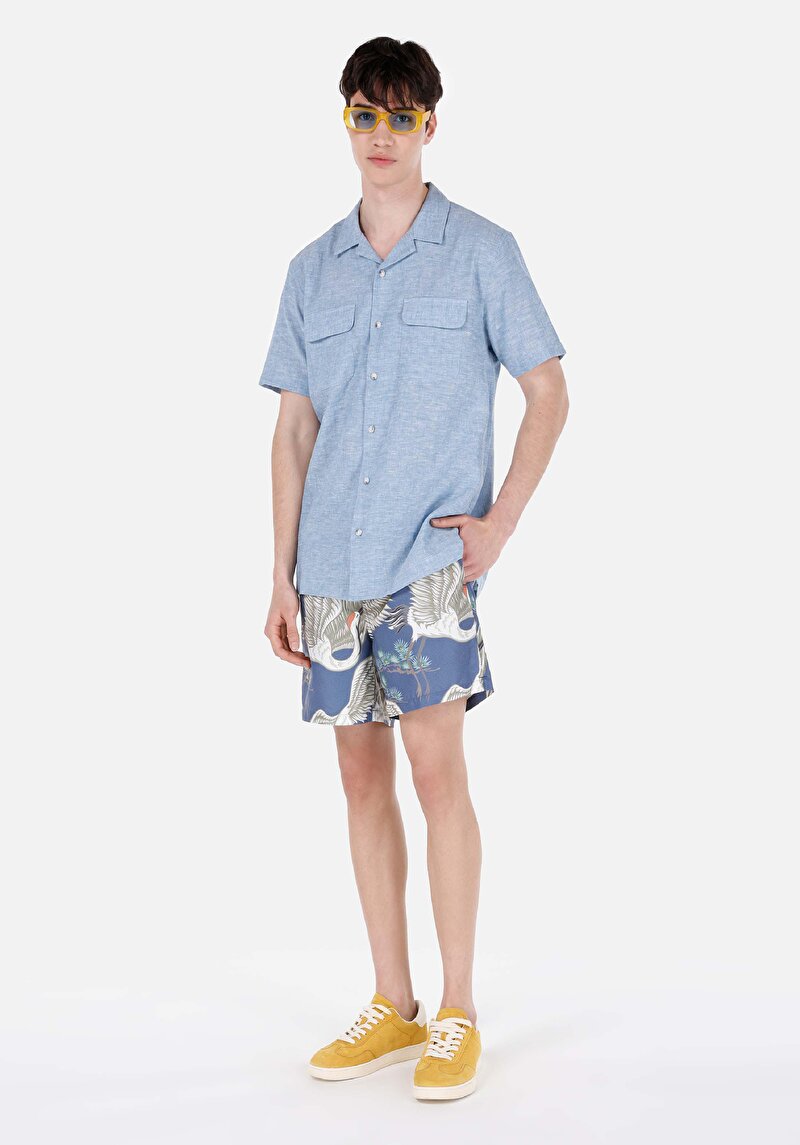 Comfort Fit Shirt Neck Düz Erkek Mavi Kısa Kol Gömlek