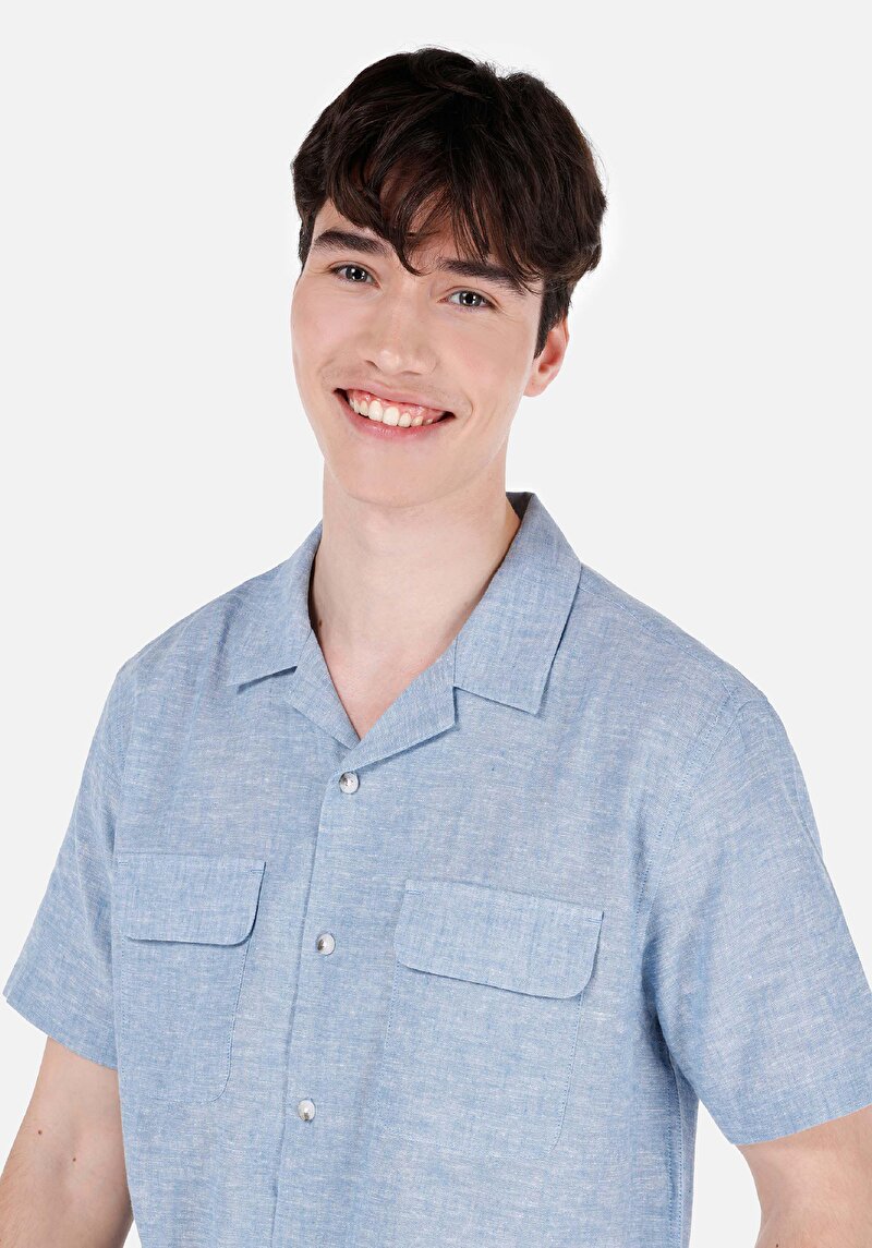 Comfort Fit Shirt Neck Düz Erkek Mavi Kısa Kol Gömlek