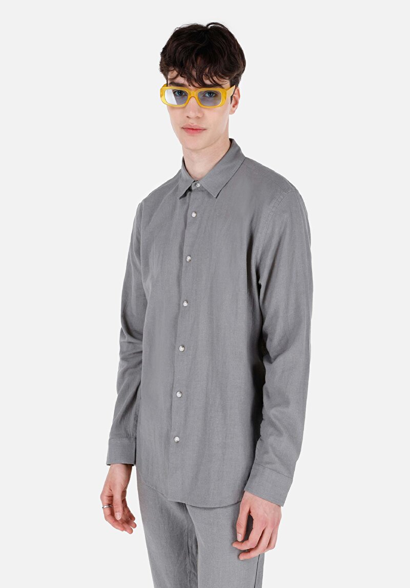 Comfort Fit Shirt Neck Düz Erkek Yeşil Cepsiz Uzun Kol Gömlek